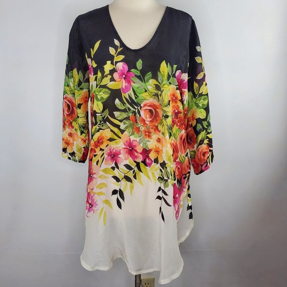 JOHNNY WAS Black Floral Sheer Tunic M EUC - Picture 1 of 5